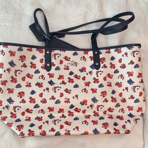Coach Floral/Navy Reversible Tote Bag - Cream with Red and Blue Accents